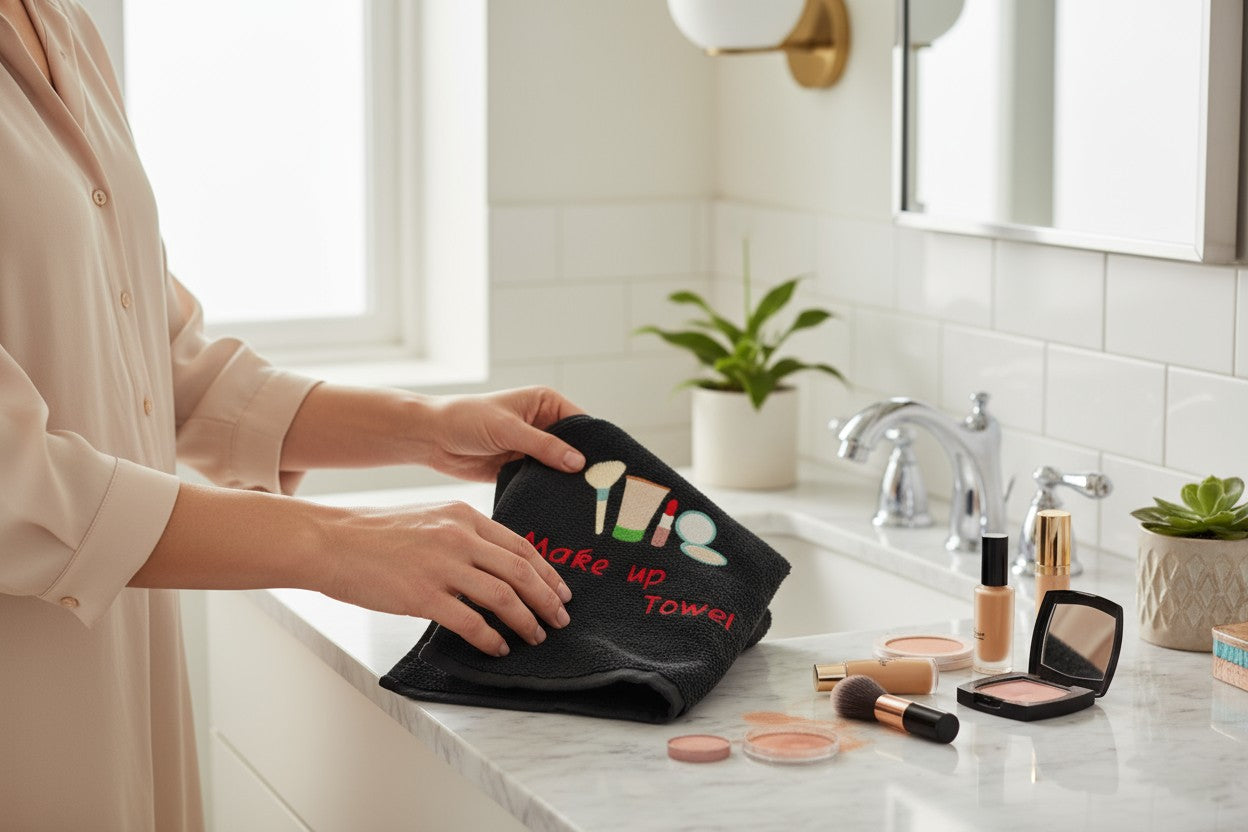 Embroidered Black Makeup Towel